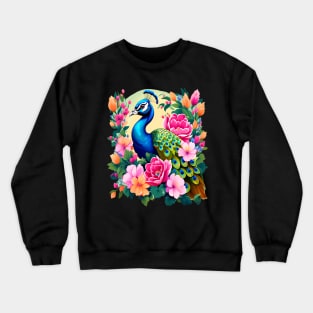 A Cute Peacock Surrounded by Bold Vibrant Spring Flowers Crewneck Sweatshirt